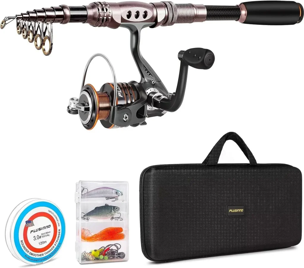 PLUSINNO Fishing Rod and Reel Combos Carbon Fiber Telescopic Fishing Pole with Reel Combo Sea Saltwater Freshwater Kit Fishing Rod Kit
